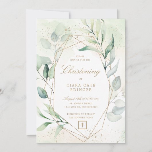 Greenery Gold Geometric Eucalyptus Christening Kaart (Voorkant)