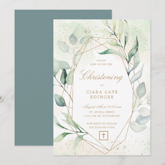 Greenery Gold Geometric Eucalyptus Christening Kaart (Voorkant / Achterkant)