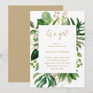 Greenery Gold Geometric Girl Tropisch Baby shower Kaart