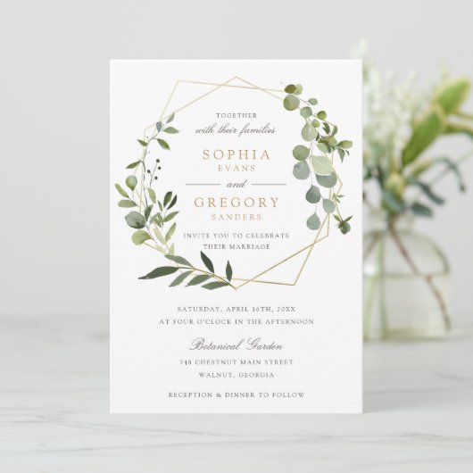 Greenery Gold Geometric Lijst Elegant Wedding Kaart (Staand voorkant)