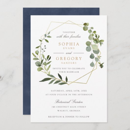 Greenery Gold Geometric Lijst Elegant Wedding Kaart (Voorkant / Achterkant)