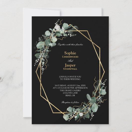 Greenery Gold Geometric Lijst Simple Black Wedding Kaart (Voorkant)