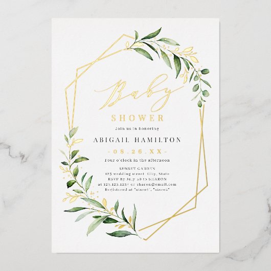 Greenery Gold Geometric Rustic Baby shower Folie i Folie Uitnodiging (Voorkant)