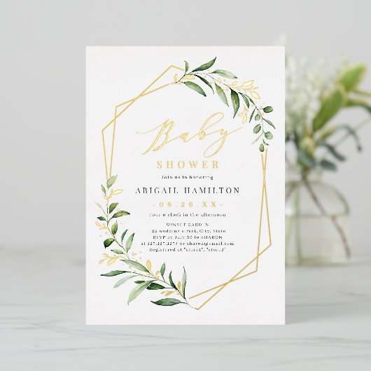Greenery Gold Geometric Rustic Baby shower Folie i Folie Uitnodiging (Staand Voorkant)