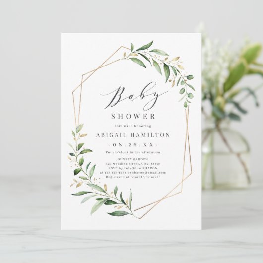 Greenery Gold Geometric Rustic Baby shower Kaart (Staand voorkant)
