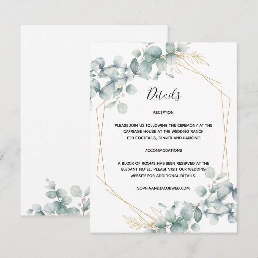 Greenery Gold Geometric Rustic Eucalyptus Wedding Informatiekaartje (Voorkant / Achterkant)