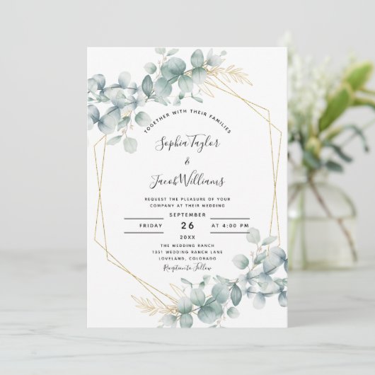 Greenery Gold Geometric Rustic Eucalyptus Wedding Kaart (Staand voorkant)