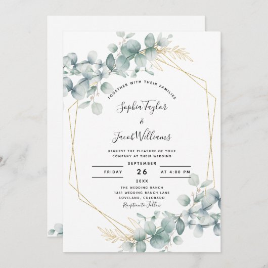 Greenery Gold Geometric Rustic Eucalyptus Wedding Kaart (Voorkant / Achterkant)