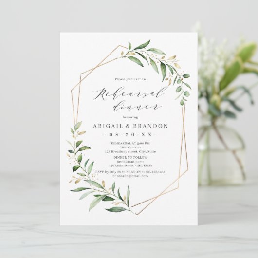 Greenery Gold Geometric Rustic Rehearsal Dinner Kaart (Staand voorkant)