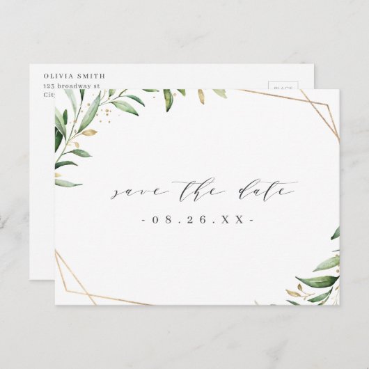 Greenery Gold Geometric Rustic Save the Date Aankondigingskaart (Voorkant / Achterkant)