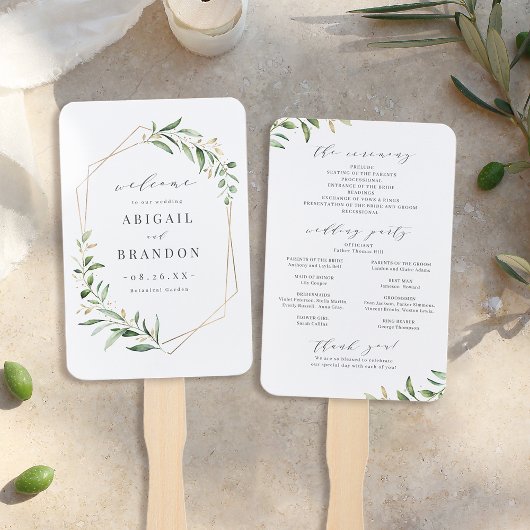 Greenery Gold Geometric Rustic Wedding Programme Handwaaier