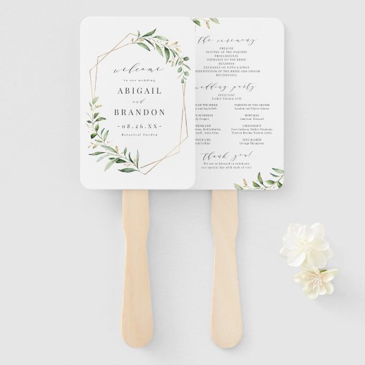 Greenery Gold Geometric Rustic Wedding Programme Handwaaier (Voorkant en achterkant)