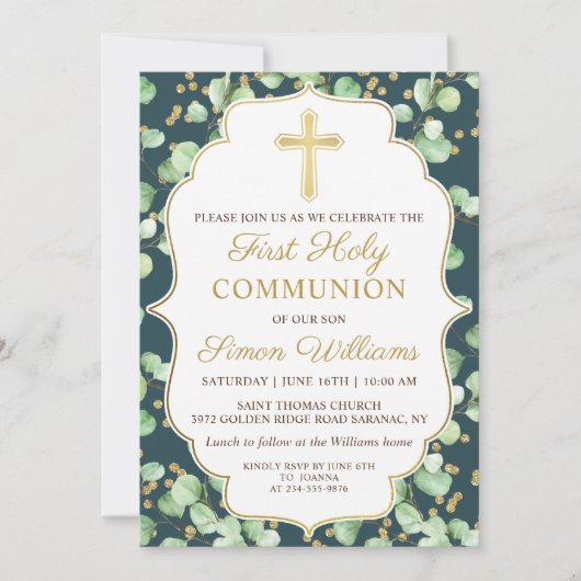 Greenery Gold Glitter First Heilige Communie Kaart (Voorkant)