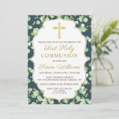 Greenery Gold Glitter First Heilige Communie Kaart (Staand voorkant)