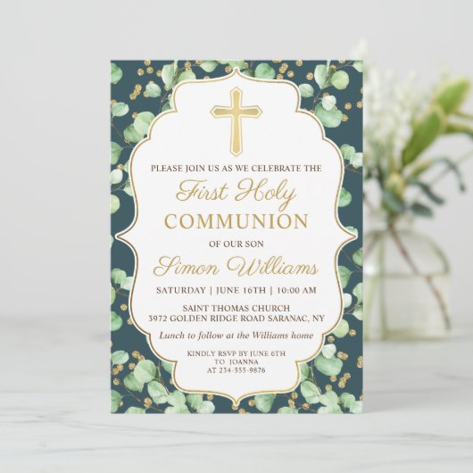 Greenery Gold Glitter First Heilige Communie Kaart (Staand voorkant)