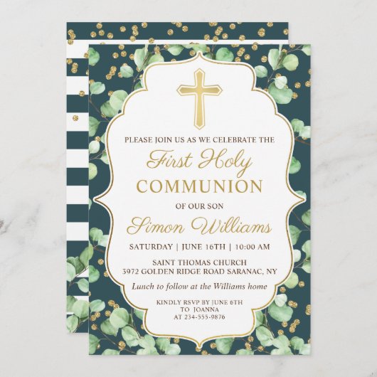 Greenery Gold Glitter First Heilige Communie Kaart (Voorkant / Achterkant)