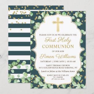 Greenery Gold Glitter First Heilige Communie Kaart