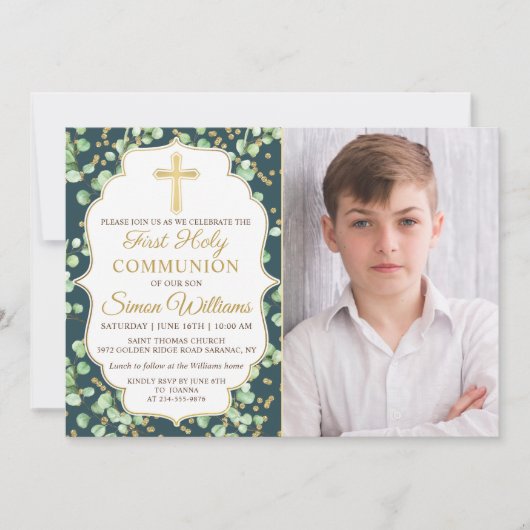 Greenery Gold Glitter First Heilige Communie Kaart (Voorkant)