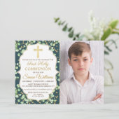 Greenery Gold Glitter First Heilige Communie Kaart (Staand voorkant)