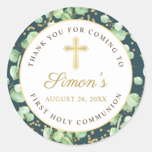 Greenery Gold Glitter First Heilige Communie Ronde Sticker