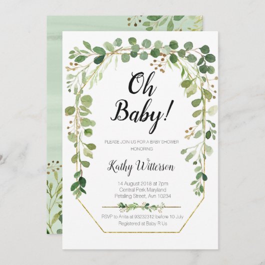 Greenery Gold Glitters Baby shower Kaart (Voorkant / Achterkant)