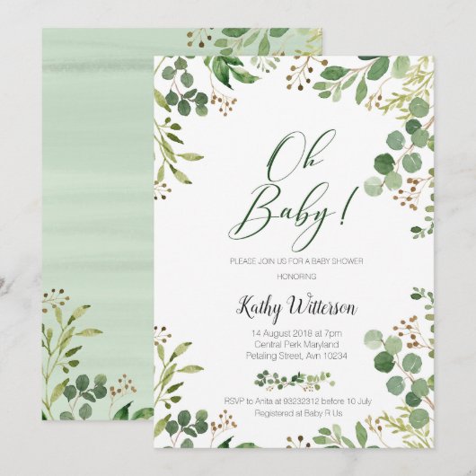 Greenery Gold Glitters Botanisch Baby shower Kaart (Voorkant / Achterkant)