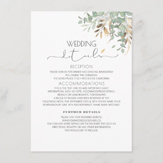 Greenery Gold Glitters Trouwinformatie Gast Informatiekaartje (Voorkant)