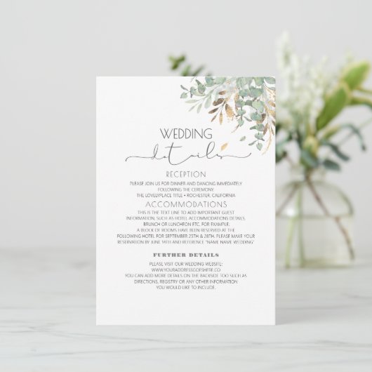 Greenery Gold Glitters Trouwinformatie Gast Informatiekaartje (Staand voorkant)