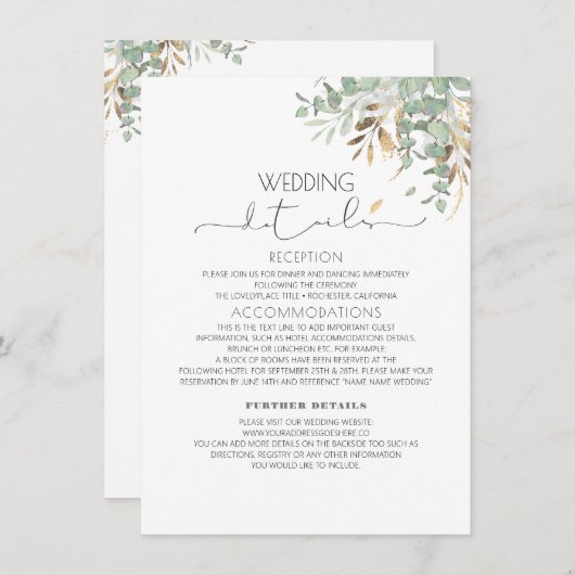 Greenery Gold Glitters Trouwinformatie Gast Informatiekaartje (Voorkant / Achterkant)