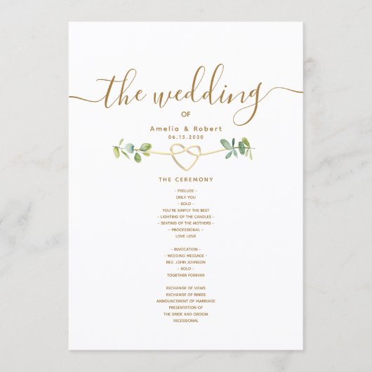 Greenery Gold Heart Wedding Program Programmakaart (Voorkant)