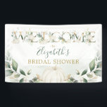 Greenery Gold Herfst Pumpkin Vrijgezellenfeest Wel Spandoek<br><div class="desc">Elegant herfst-themed party banner met illustratie van droomalabaster white pomkins,  prachtige waterverf greenery foliage in sage green & gold in combinatie met moderne typografie.</div>