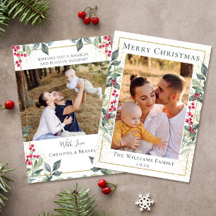 Greenery Gold KerstHolly Berries 2 Foto Feestdagenkaart