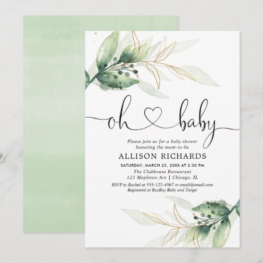 Greenery Gold laat genderneutraal baby shower acht Kaart (Voorkant / Achterkant)