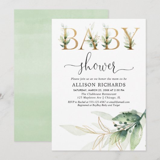 Greenery Gold laat genderneutraal baby shower acht Kaart (Voorkant / Achterkant)