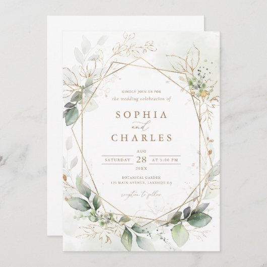 Greenery Gold laat geometrische bruiloft uitnodigi Kaart (Voorkant / Achterkant)