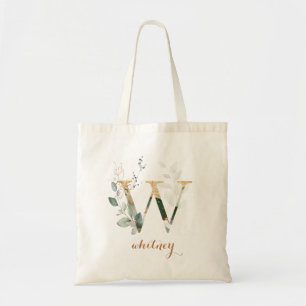 Greenery Gold Leaf Foliage Personal Letter "W" Tote Bag