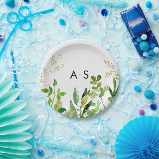 Greenery & Gold Leaf Framed Wedding Monogram Papieren Bordje (Feest)