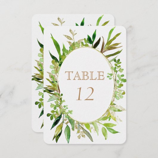 Greenery & Gold Leaf Framed Wedding Table Numbers Kaart (Voorkant / Achterkant)