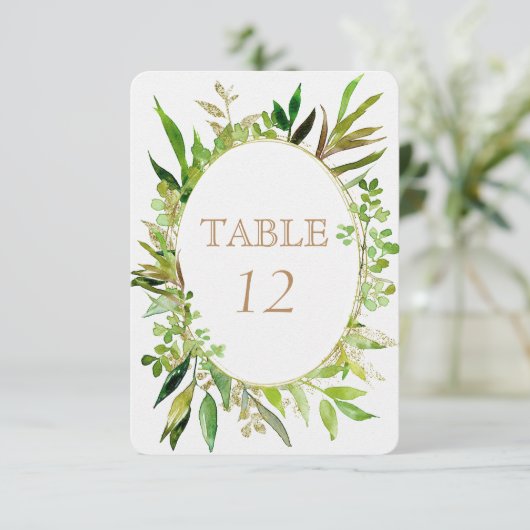 Greenery & Gold Leaf Framed Wedding Table Numbers Kaart (Staand voorkant)