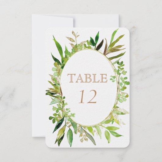 Greenery & Gold Leaf Framed Wedding Table Numbers Kaart (Achterkant)