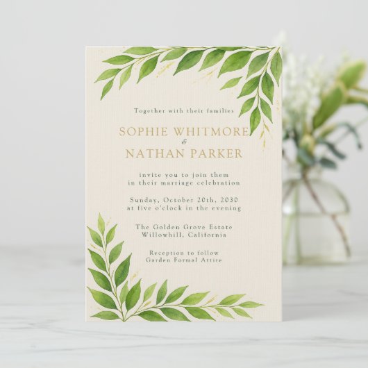 Greenery Gold Leaf Waterverf Huwelijksuitnodiging Kaart (Staand voorkant)