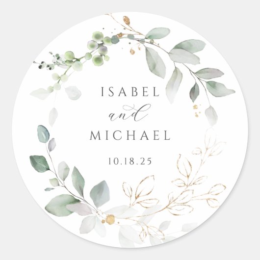 Greenery Gold Leaves Foliage Wreate Ronde Sticker (Voorkant)