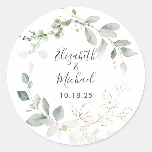 Greenery Gold Leaves Foliage Wreate Ronde Sticker (Voorkant)