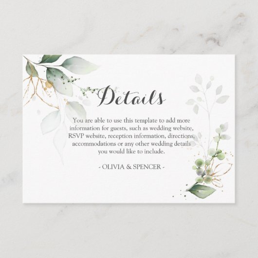 Greenery Gold Leaves Wedding Reception Details Informatiekaartje (Voorkant)