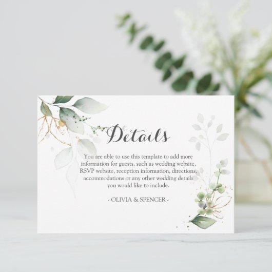 Greenery Gold Leaves Wedding Reception Details Informatiekaartje (Staand voorkant)
