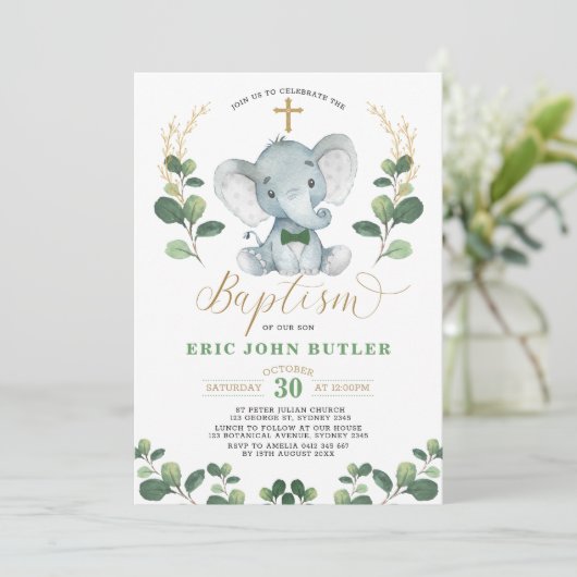 Greenery Gold Little Man Elephant Bowtie Doop Kaart (Staand voorkant)