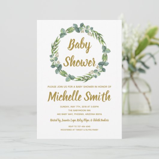 Greenery Gold Minimalist Olive Branch Baby shower Kaart (Staand voorkant)