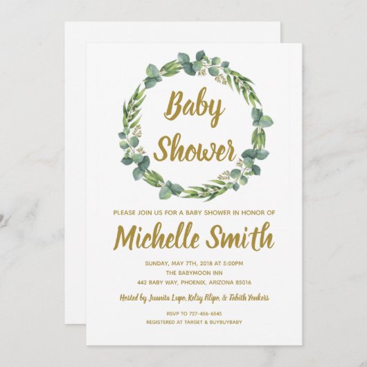 Greenery Gold Minimalist Olive Branch Baby shower Kaart (Voorkant / Achterkant)