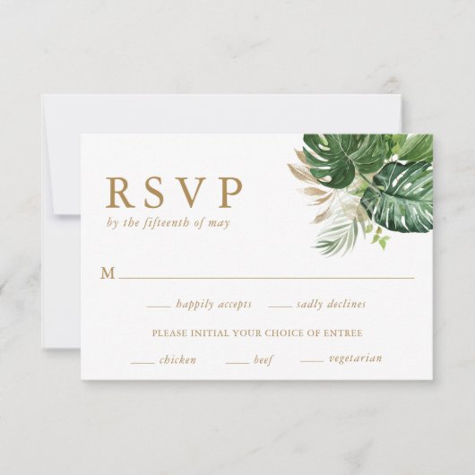 Greenery Gold Modern Tropical Wedding RSVP Kaartje (Voorkant)