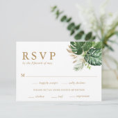 Greenery Gold Modern Tropical Wedding RSVP Kaartje (Staand voorkant)